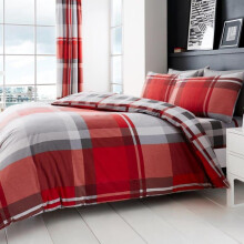 (Waverly Red, Single) Check Duvet Cover Set Reversible Bedding Soft & Cosy Poly Cotton Printed Single Double King Size