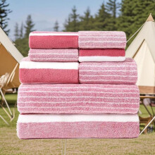 (Ochre Brown, 8pcs) Striped Pattern Towel Set, Including 2 Bath Towel & 2 Hand Towel & 4 Washcloths, Soft Absorbent and Quick Drying Towel Set for Home and