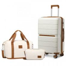 (20 Inch with 2pc Duffel Bags) [MissLulu Bags] BRITISH TRAVELLER Multi-Texture Polypropylene Hard Shell 20''/24''/28'' Suitcase with TSA Lock - Cream and Brown