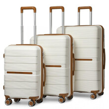 (3 Pieces Set) [MissLulu Bags] BRITISH TRAVELLER Multi-Texture Polypropylene Hard Shell 20''/24''/28'' Suitcase with TSA Lock - Cream and Brown