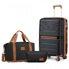 (20 Inch with 2pc Duffel Bags) [MissLulu Bags] BRITISH TRAVELLER Multi-Texture Polypropylene Hard Shell 20''/24''/28'' Suitcase with TSA Lock - Black and Brown