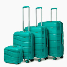 (4 PIECE SET) [MissLulu Bags] Wave Design Lightweight Polypropylene Hard Shell 20''/24''/28'' Suitcase with TSA Lock and 14'' Vanity Case - Teal