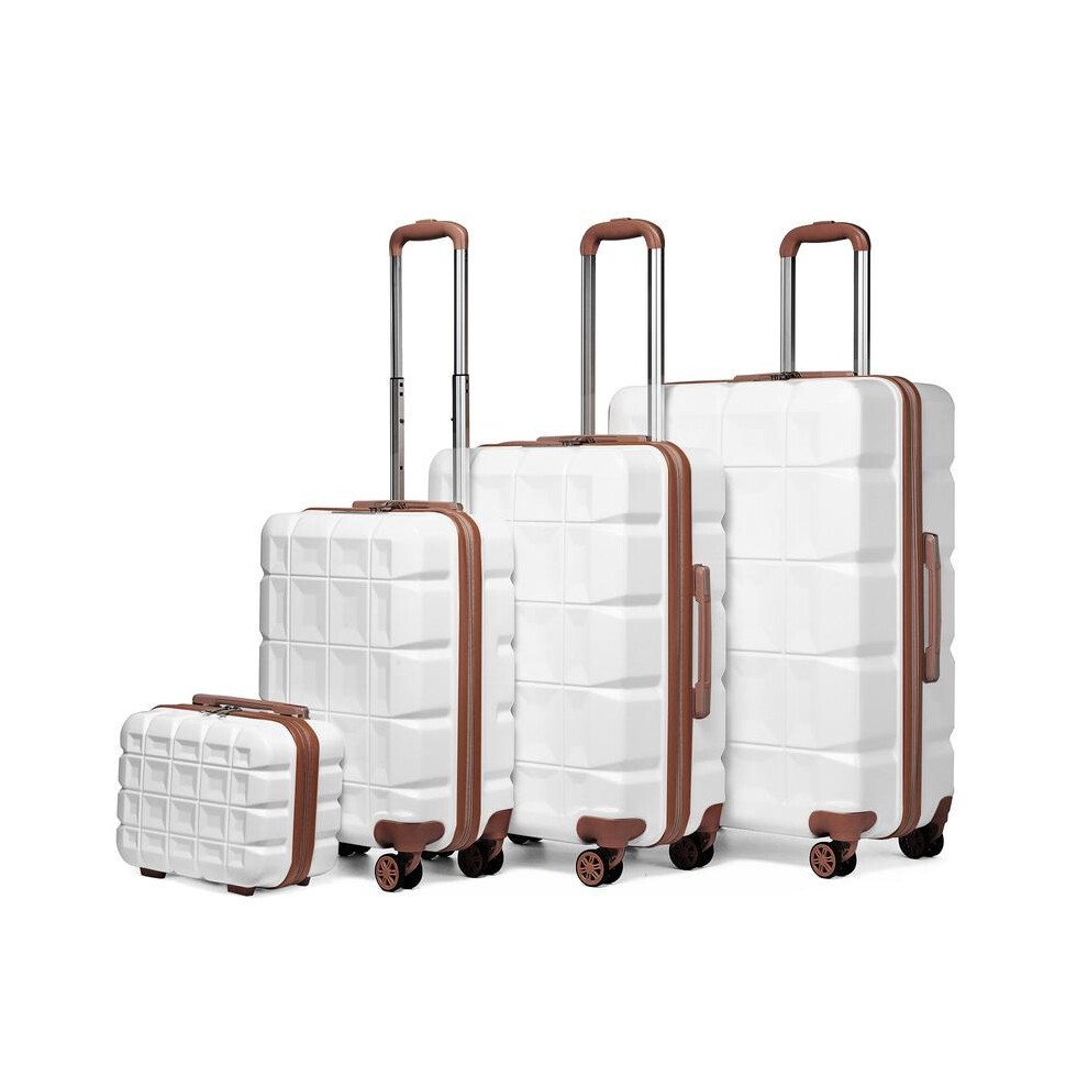 (4 PIECE SET) [MissLulu Bags] Waffle Design Lightweight Hard Shell ABS 20''/24''/28'' Suitcase with TSA Lock and 13'' Vanity Case - White and Brown-image-OPC-PKGCPRB-NEW