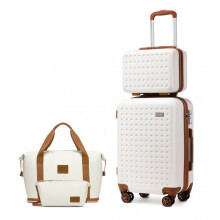 (Cream&Brown Biscuit (2pcs Duffel Bags)) [MissLulu Bags Weekend Travel Set] ABS Cabin Size 20'' Suitcase with Vanity case and 2Pieces Expandable Travel Duffel Bags or Backpack with