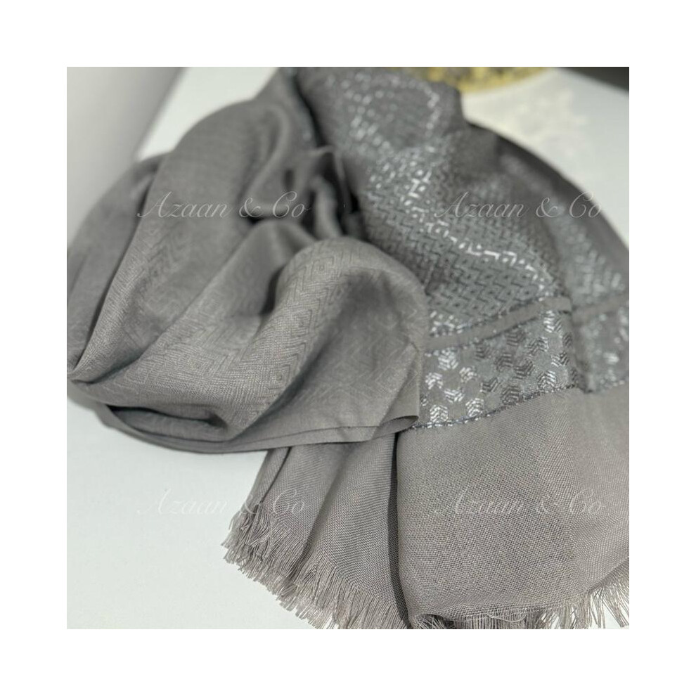 (Grey) Turkish Cotton Modal Scarf Hijab with Self Print Jacquard Pattern Border Pashmina Design Plain Muslim Headscarf Tassels Good Quality Materia-image-OPC-PKGCSX5-NEW