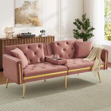 (Pink, Cup Holders & Gold Accents) Two-Seater Sofa Bed with Adjustable Backrest