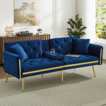 (Blue, Cup Holders & Gold Accents) Two-Seater Sofa Bed with Adjustable Backrest