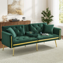 (Green, Cup Holders & Gold Accents) Two-Seater Sofa Bed with Adjustable Backrest