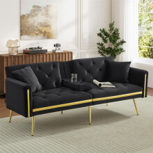 (Black, Cup Holders & Gold Accents) Two-Seater Sofa Bed with Adjustable Backrest