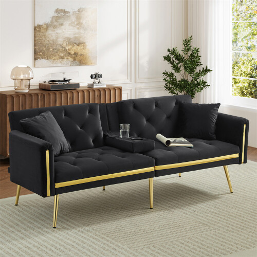 (Black, Cup Holders & Gold Accents) Two-Seater Sofa Bed with Adjustable Backrest