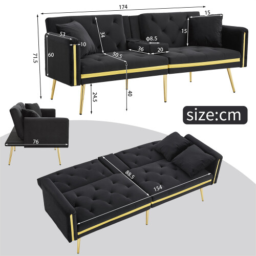 (Black, Cup Holders & Gold Accents) Two-Seater Sofa Bed with Adjustable Backrest 2