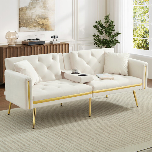 (White, Cup Holders & Gold Accents) Two-Seater Sofa Bed with Adjustable Backrest