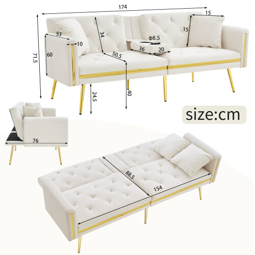 (White, Cup Holders & Gold Accents) Two-Seater Sofa Bed with Adjustable Backrest 2