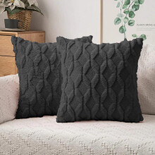 (Black) Set of 2 18x18" Luxury Textured Chenille Fur Geo Cushions Pillow Square Sofa Bed