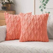 (Coral) Set of 2 18x18" Luxury Textured Chenille Fur Geo Cushions Pillow Square Sofa Bed