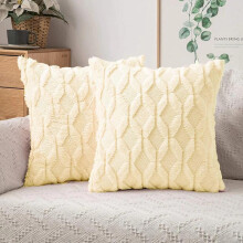(Cream) Set of 2 18x18" Luxury Textured Chenille Fur Geo Cushions Pillow Square Sofa Bed