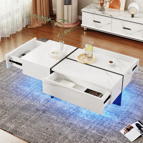 High-Gloss LED Coffee Table with Marble-Effect Top and Black Base 2