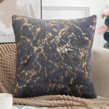 (Grey) Set Of 2 - Luxury Soft Warm Faux Fur Cushions With Gold Marble Metallic Detail Throw Sofa Bed Pillow