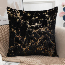 (Black) Set Of 2 - Luxury Soft Warm Faux Fur Cushions With Gold Marble Metallic Detail Throw Sofa Bed Pillow