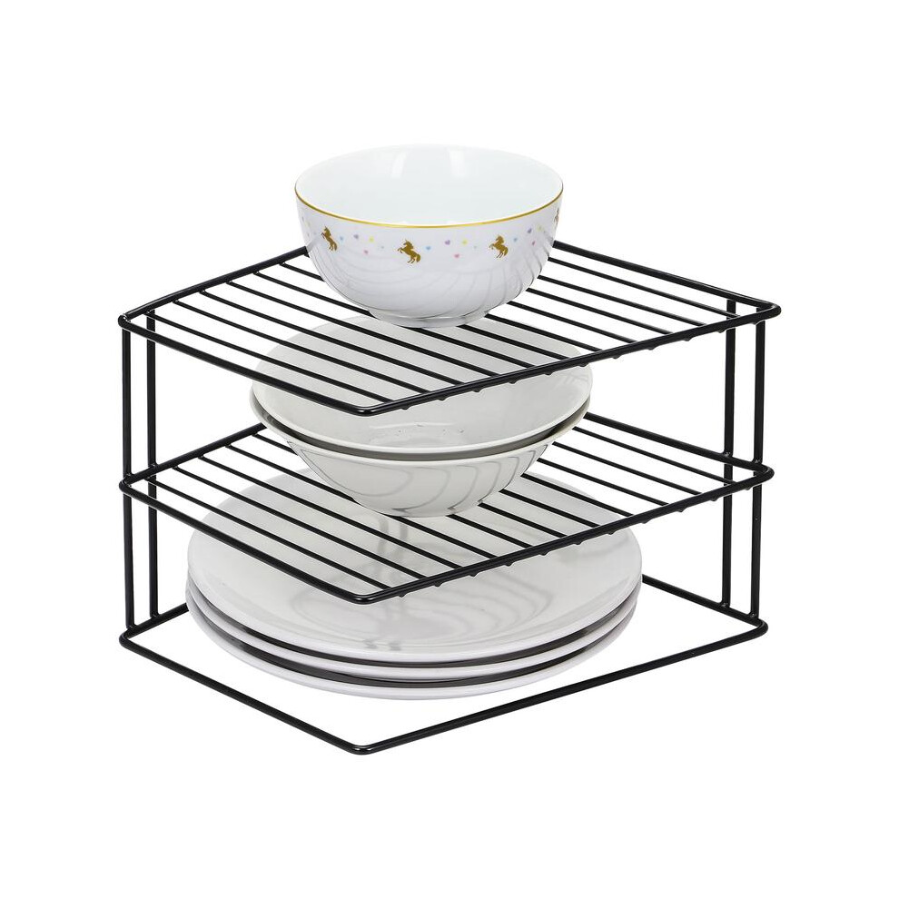 (Black) 3 Tier Corner Kitchen Plate Bowl Rack Stand Holder Tidy Cupboard Shelf Insert Storage Organiser, Space Saving, H19 x W25 x D25cm-image-OPC-PKGDBZ8-NEW