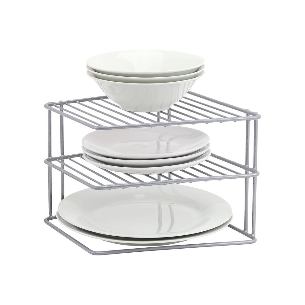 (Grey) 3 Tier Corner Kitchen Plate Bowl Rack Stand Holder Tidy Cupboard Shelf Insert Storage Organiser, Space Saving, H19 x W25 x D25cm-image-OPC-PKGDBZB-NEW
