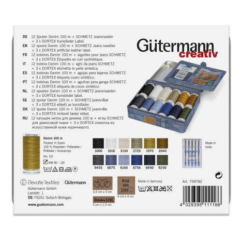 Gütermann Thread Storage Tin Denim Thread with Needles & Labels 12x100m 1