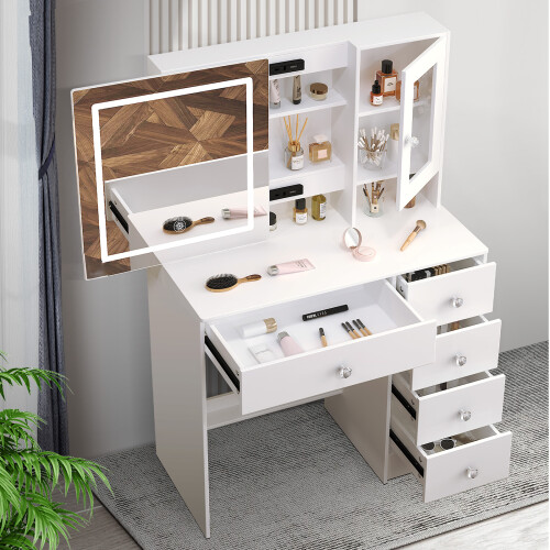 White Dressing Table with Dimmable LED Sliding Mirror Cabinet Vanity Desk 2