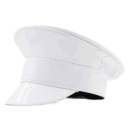 Shimmering PU Leather Marine Hat Dance Props Flat Top Hat-White