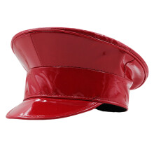 PU Leather Captain Hat Women Glossy Flat Top Hat Marine-Red