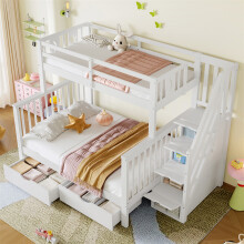 Bunk Beds, Double Space-Saving Kids Storage Bed with Staircase, White