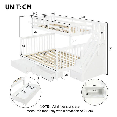 Bunk Beds, Double Space-Saving Kids Storage Bed with Staircase, White 1