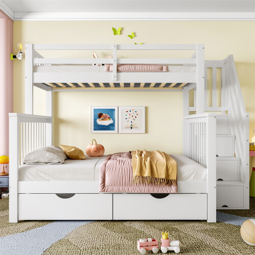 Bunk Beds, Double Space-Saving Kids Storage Bed with Staircase, White 2