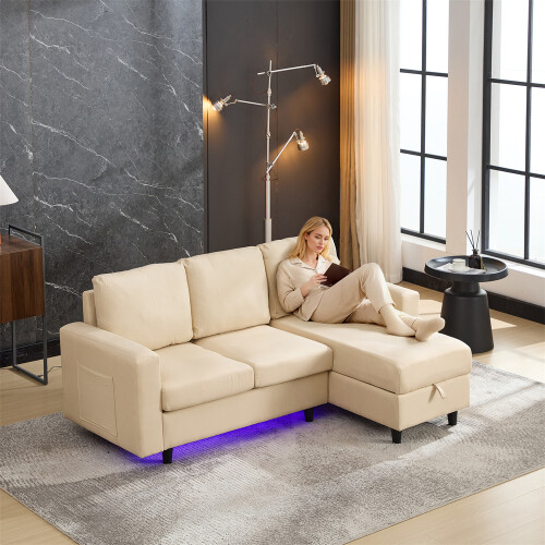 (Beige) 3 Seater L-Shaped Sofa Bed with Storage, USB & LED