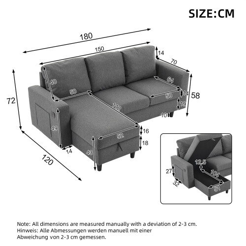 (Grey) 3 Seater L-Shaped Sofa Bed with Storage, USB & LED 2