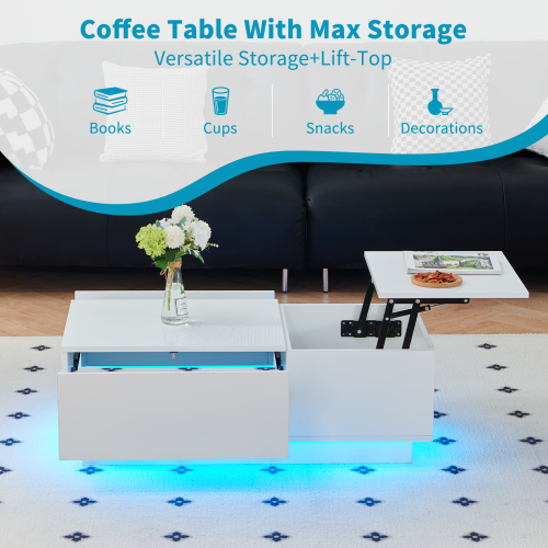 AINPECCA Led Lift Top Coffee Table With 2 Drawers White 2