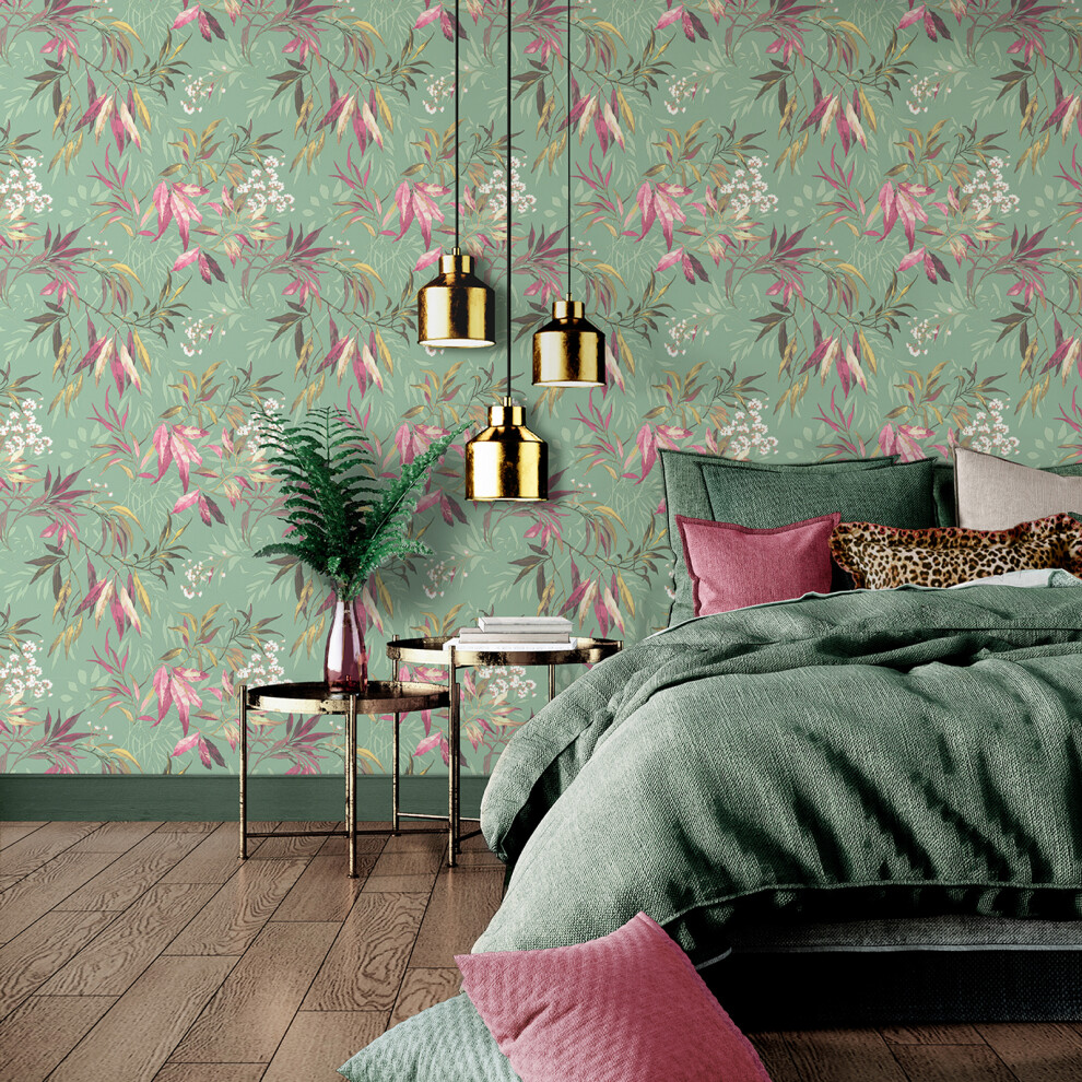 Belgravias Sage Green Botanical Pink Willow Leaf Wallpaper 5061103676870