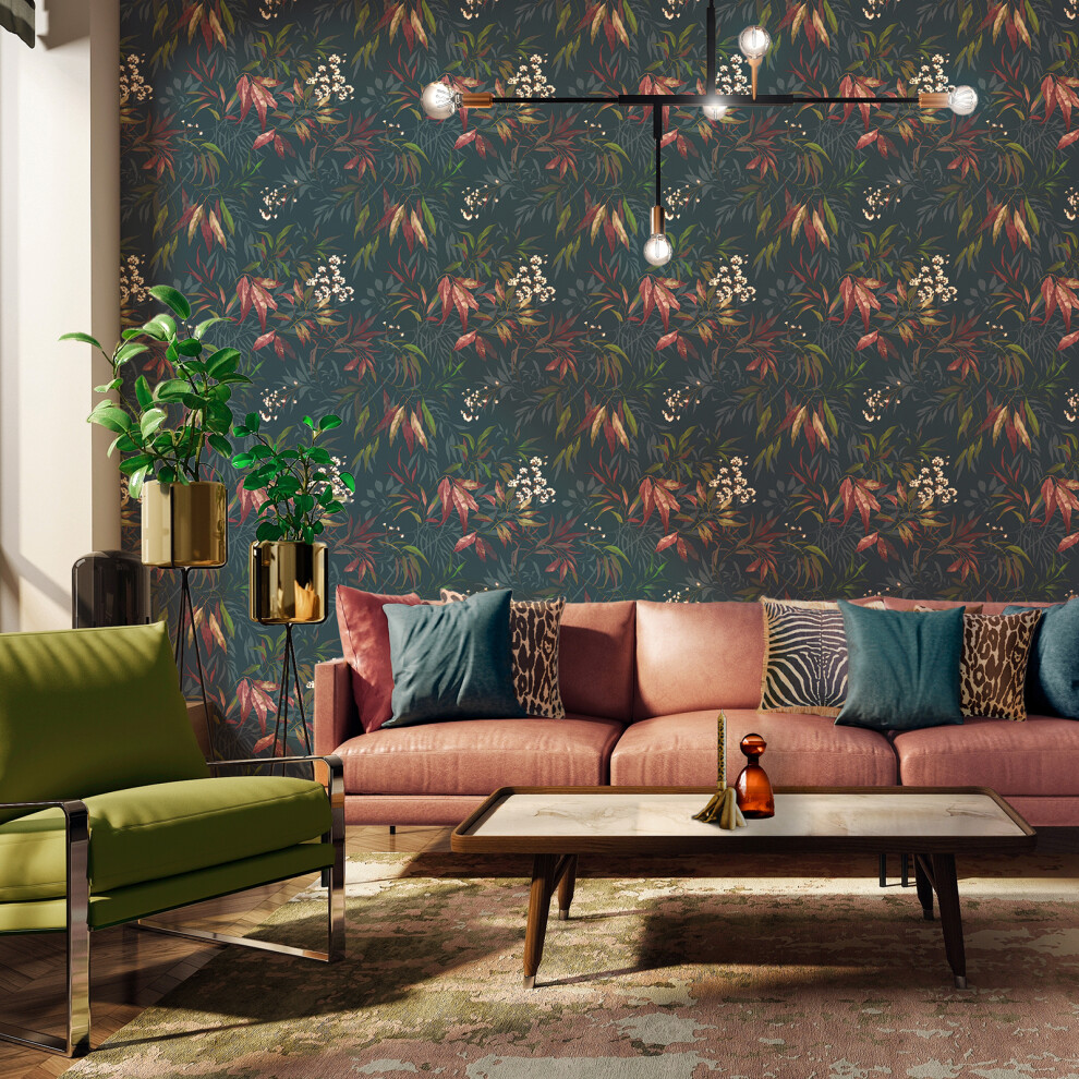 Dark Blue Floral Wallpaper Multi Willow Leaf Botanical Feature 5061103676887