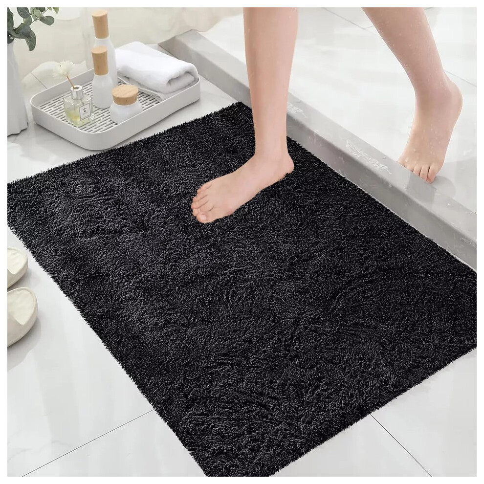 Bedlooms (50X80cm - Medium Size, Black) Shaggy Bath Mat- Non Slip & Soft Fluffy Water Absorbent Washroom Mat