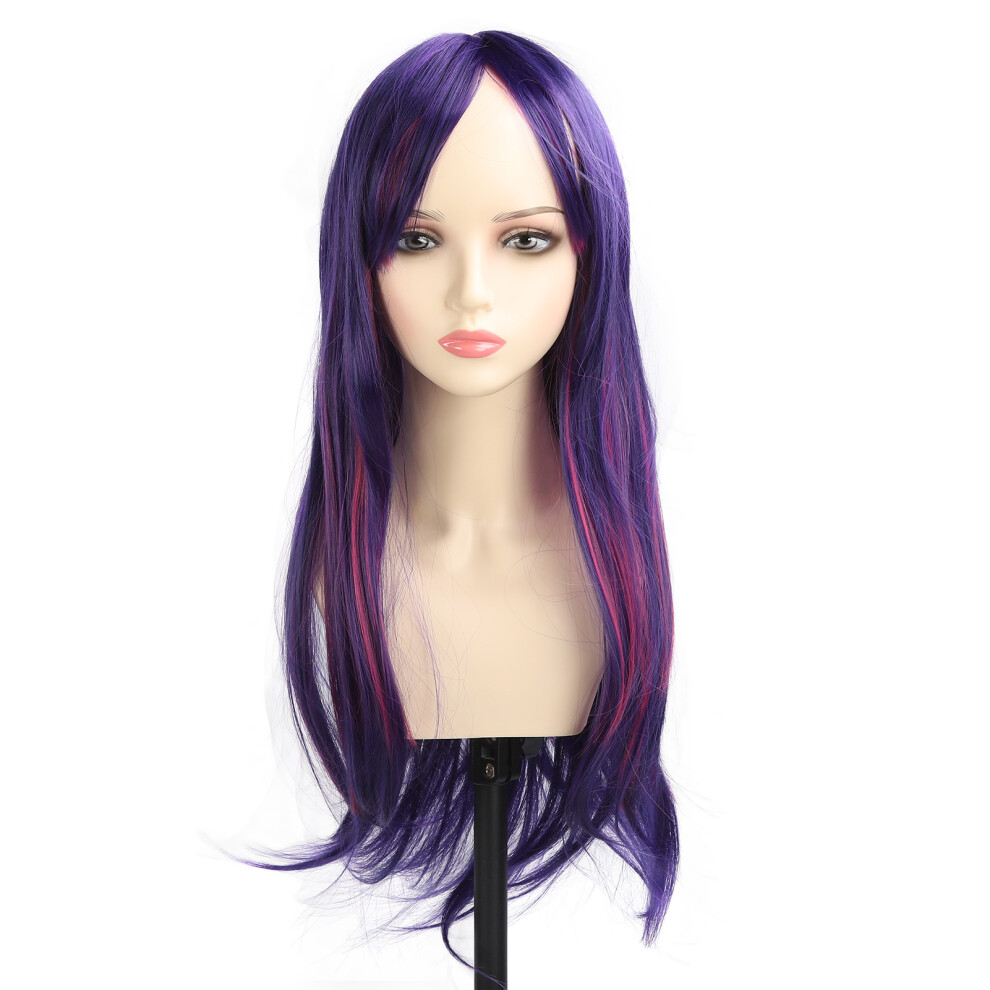 Unisex Blue,Purple Blue Purple Highlight Women Long Straight Wig With Bangs For Cosplay And Party