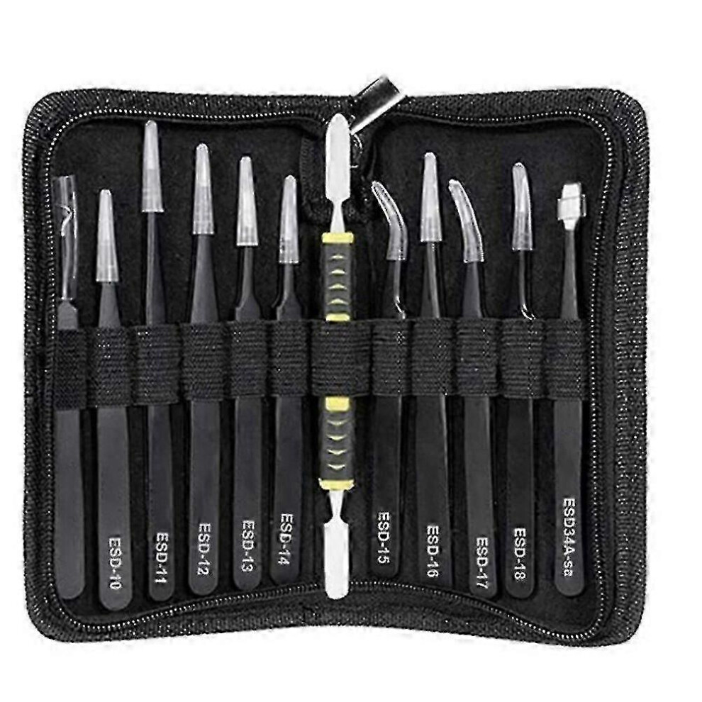 12-Piece ESD Tweezers Set Multi-Standard Stainless Steel Non-Magnetic Anti-Static Tool Kit with - Pjun