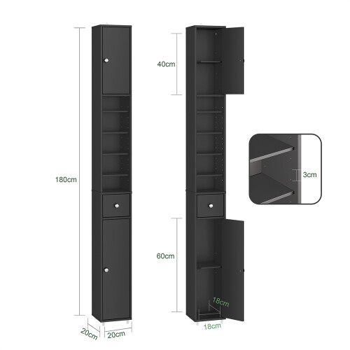 SoBuy Στενή Στήλη Μπάνιου 20x180x20cm Μαύρο MDF 2