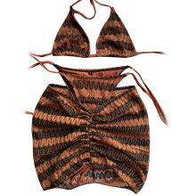 Women Bathing Suit Striped Swimwear 3 Pcs-Coffee color XL