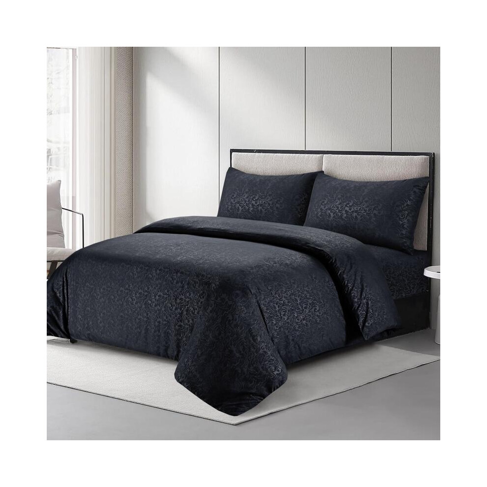 (Black Floral , Double) Clearance Stock Summer Sale 3-Piece Embossed & Satin Stripe Bedding Set | Duvet Cover & 2- pcs Pillowcases | Soft & Comfortabl-image-OPC-PKGJGN7-NEW