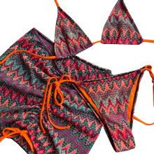 Women Striped Swimsuits Halters Bathing Suit 3 Pcs-Orange L