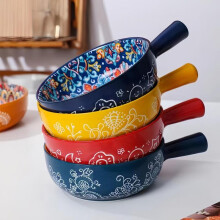 (Set, Combination B) Boho Style Ceramic Salad Bowl with Handle, 2 Counts/set Colorful Flower Pattern Bowl, Microwave & Oven Safe Bowl for Home Baking & Serving,