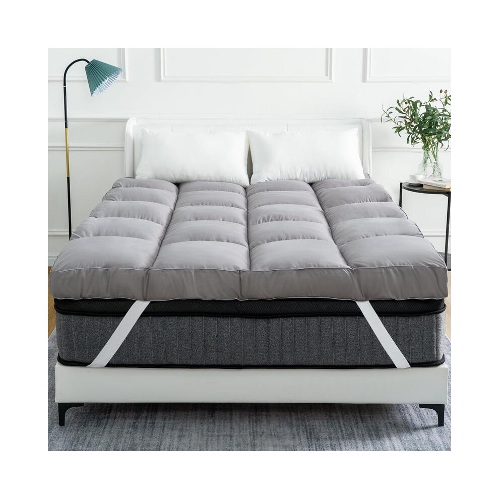 (Grey, Single) 10cm Extra Thick Mattress Topper Ultra Soft Microfiber Box Stitched UK Sizes (Grey & White)-image-OPC-PKGJGW5-NEW