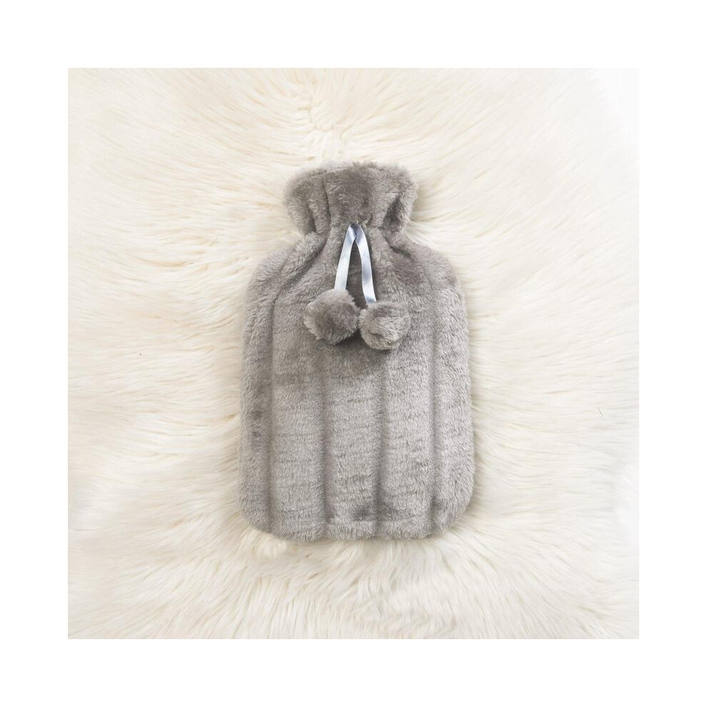 (Grey) Large 2 Litre Natural Rubber Hot Water Bottle With Warm Faux Fur Cover Fleece Cozy