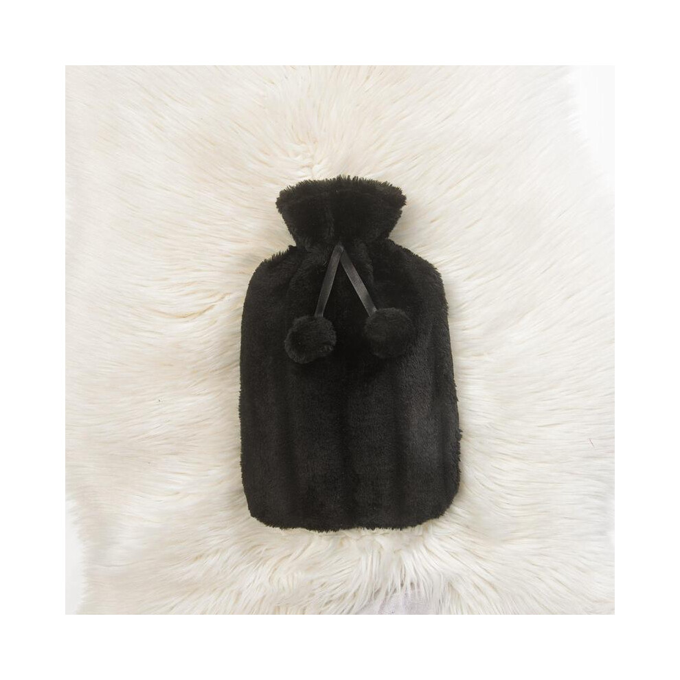 (Black) Large 2 Litre Natural Rubber Hot Water Bottle With Warm Faux Fur Cover Fleece Cozy