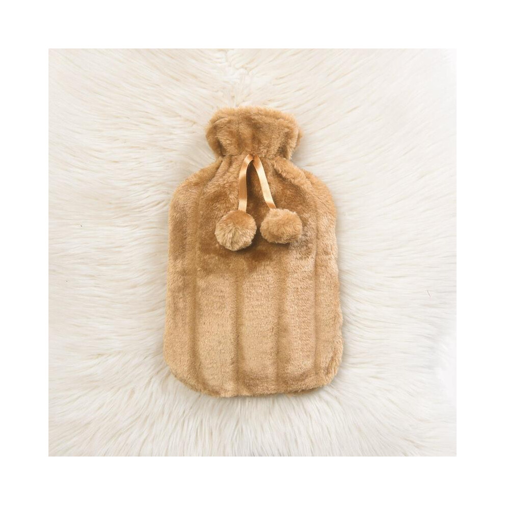 (Champagne) Large 2 Litre Natural Rubber Hot Water Bottle With Warm Faux Fur Cover Fleece Cozy