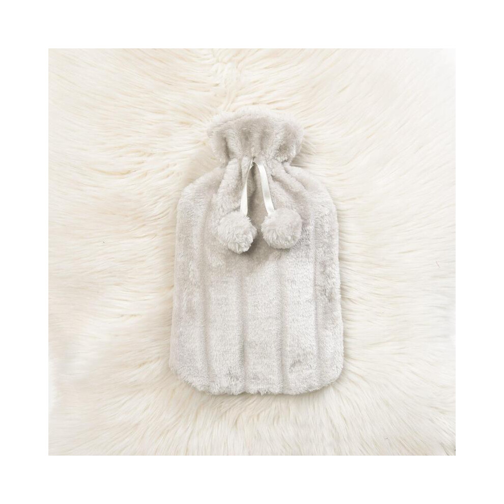 (Silver) Large 2 Litre Natural Rubber Hot Water Bottle With Warm Faux Fur Cover Fleece Cozy
